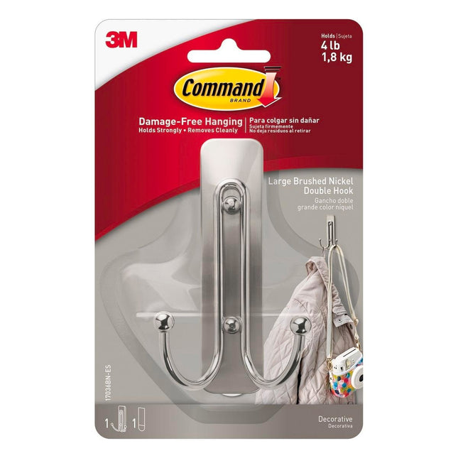 Packshot of Command Brushed Nickel Large Double Wall Hook 1 Pack
