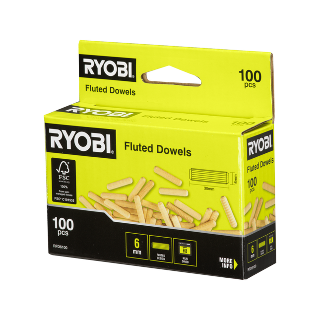 Packshot of Ryobi Fluted Dowels 6mm 100 Pack for Precision Wood Joinery