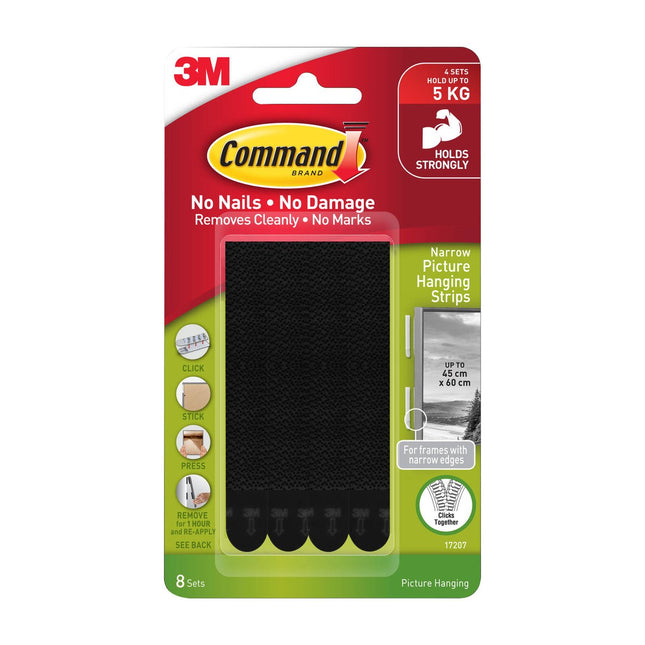 Packshot of Command Narrow Picture Hanging Strips Black 8 Pack