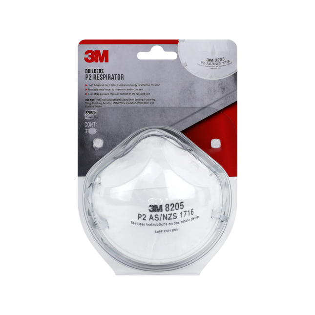 3M Builders P2 Particulate Respirator 8205 3 pack, white disposable dust masks
