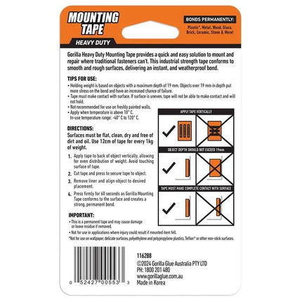 Gorilla Double Sided Mounting Tape Heavy Duty Holds 30lbs - 1.52m