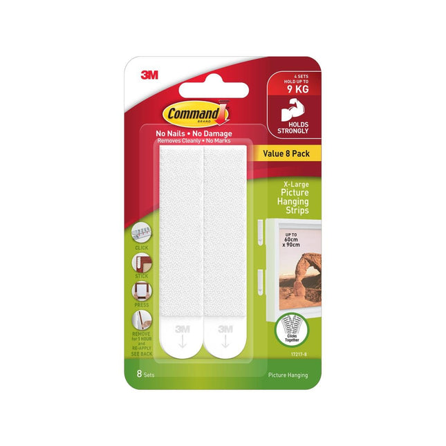 Packshot of Command 9kg Extra Large White Picture Hanging Strips 8 Pack