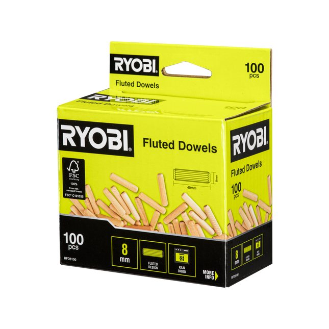 Packshot of Ryobi Fluted Dowels 8mm 100 Pack for Strong Wood Joints