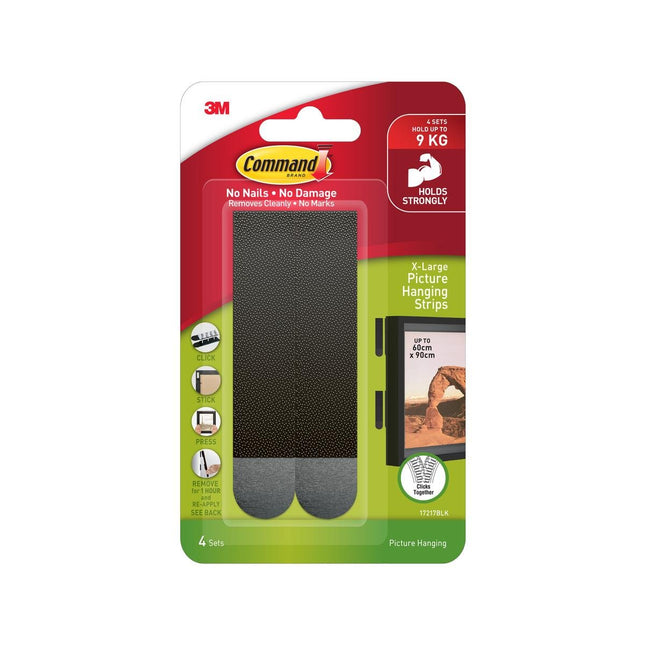 Packshot of Command 9kg Extra Large Black Picture Hanging Strips 4 Pack