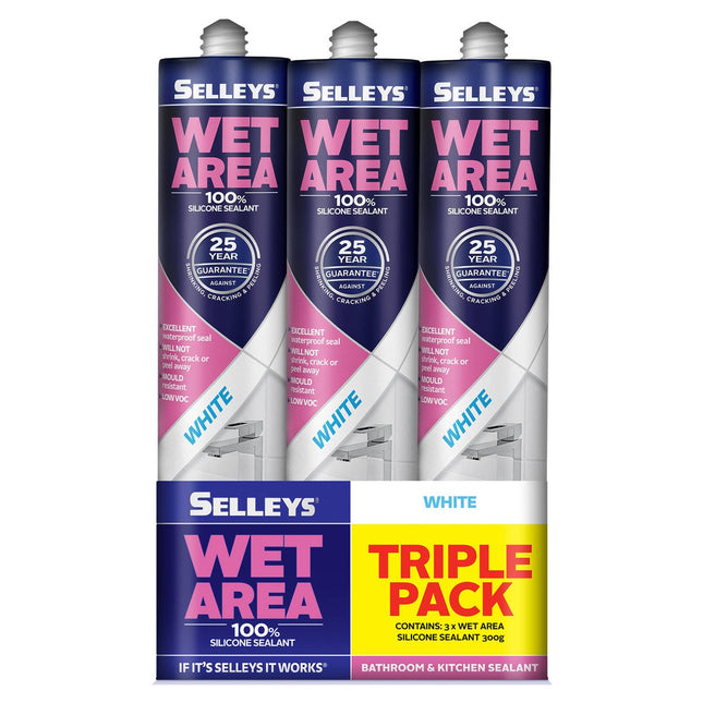 Packshot of Selleys Wet Area Waterproof Silicone Sealant White 300g (3 Pack)