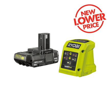 Packshot of Ryobi ONE+ 18V Battery and Charger Kit 2.0Ah R18SK32