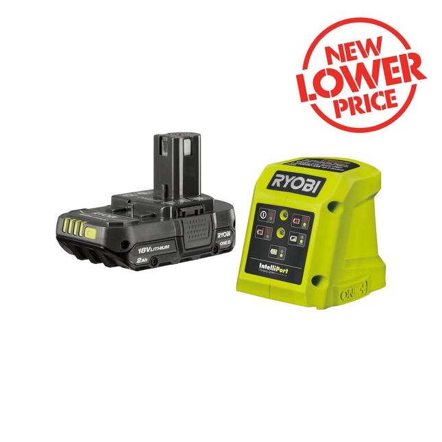 Packshot of Ryobi ONE+ 18V Battery and Charger Kit 2.0Ah R18SK32