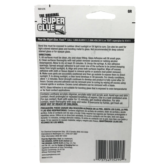 The Original Super Glue Clear Drying Glass Adhesive Water Resistant 2ml