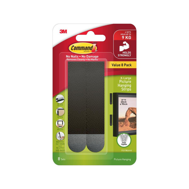 Packshot of Command 9kg Extra Large Black Picture Hanging Strips 8 Pack