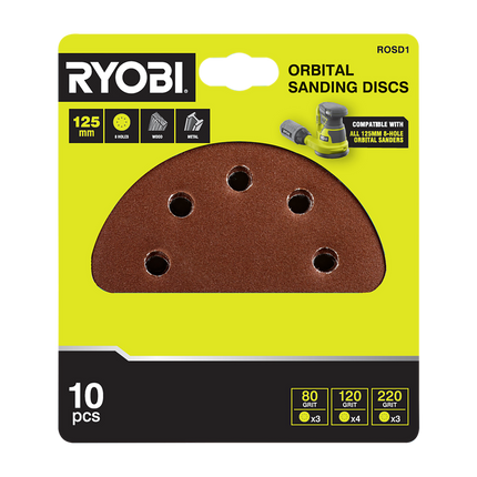 Packshot of Ryobi Orbital Sanding Discs 125mm 10 Pack for Surface Preparation