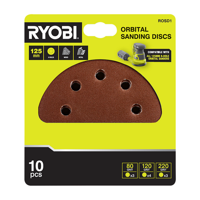 Packshot of Ryobi Orbital Sanding Discs 125mm 10 Pack for Surface Preparation