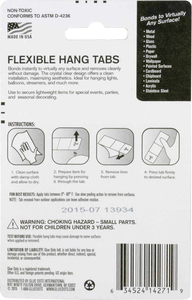 Glue Dots Flexible Hang Tabs - Clear, Removable, Damage-Free Decorating