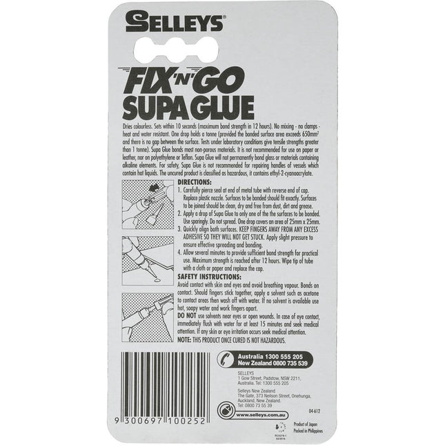 Selleys Fix N Go Supa Glue Sets In 10 Seconds - For Non Pororus Surfaces 3ml
