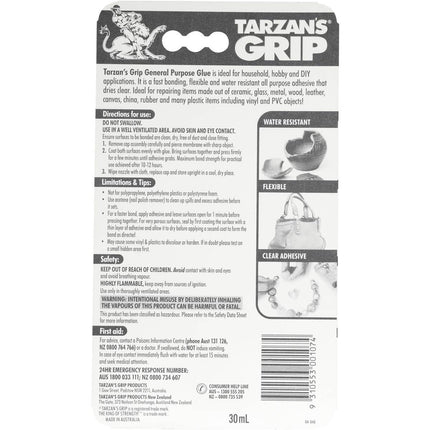 Tarzan's Grip General Purpose Glue Clear Flexible Water Resistant 30ml