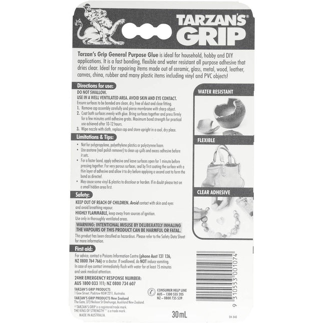 Tarzan's Grip General Purpose Glue Clear Flexible Water Resistant 30ml