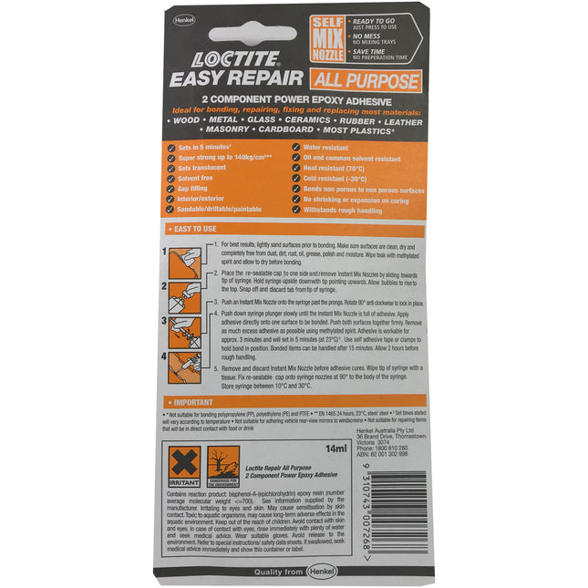 Loctite Easy Repair Pre-mixed Epoxy no mess 5 minute setting 14ml