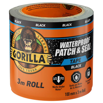 Packshot of Gorilla Black Patch and Seal Tape Stops Leaks Fast 3m