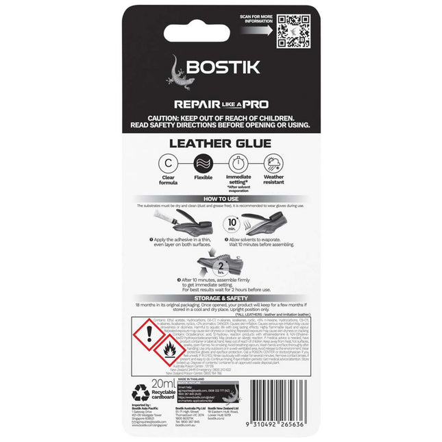 Bostik Leather Repair Glue Ultra-Clear Flexible Bond 20 mL