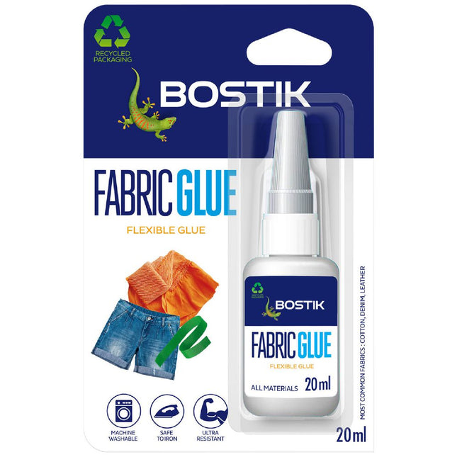 Bostik Fabric Glue 20ml - Clear Flexible Permanent, Washable, Heat-Resistant Craft Adhesive for Clothing Repairs, Hems, Badges & Soft Furnishings