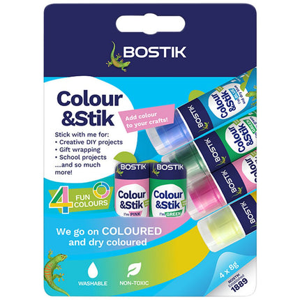 Bostik Colour & Stik Glue Sticks Purple, Dries Clear 8g 4 Pack