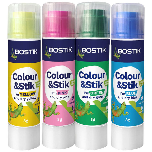 Bostik Colour & Stik Glue Sticks Purple, Dries Clear 8g 4 Pack