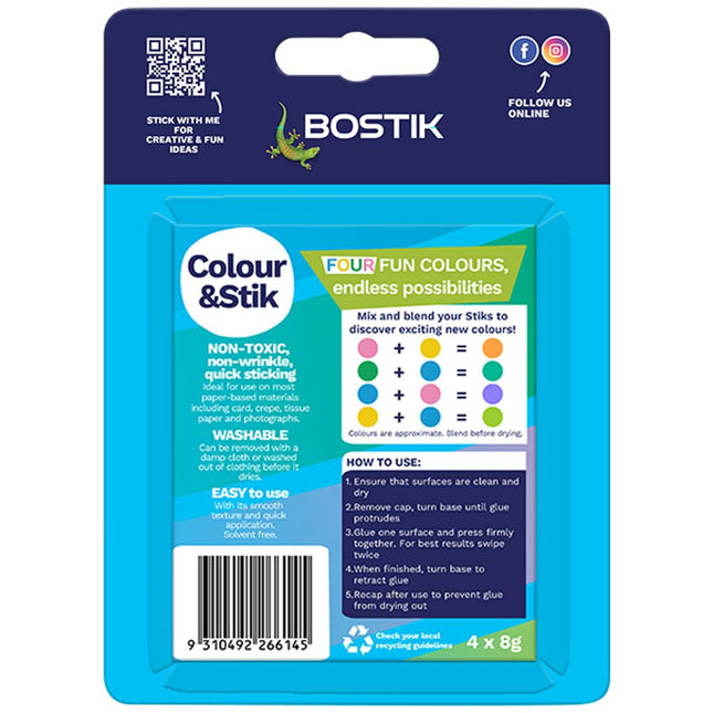 Bostik Colour & Stik Glue Sticks Purple, Dries Clear 8g 4 Pack