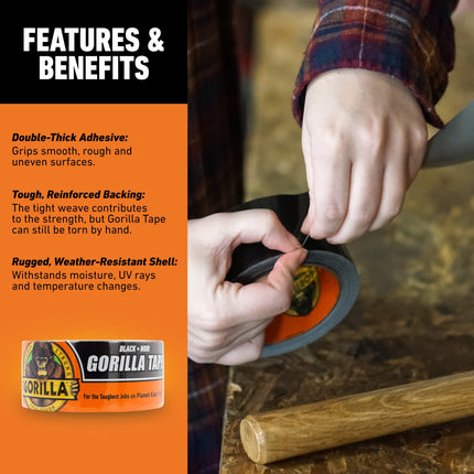 Gorilla Tape Black 9.1m features: double-thick adhesive, reinforced backing, weather-resistant shell
