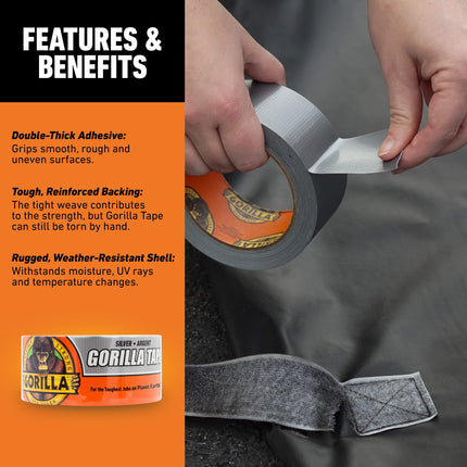 Gorilla Tape Silver 9.1m features: double-thick adhesive, reinforced backing, weather-resistant shell
