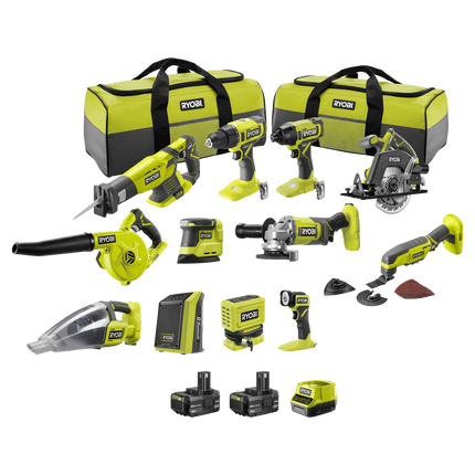 Packshot of Ryobi 18V ONE+ 12 Piece Kit with 4Ah Batteries for DIY Projects