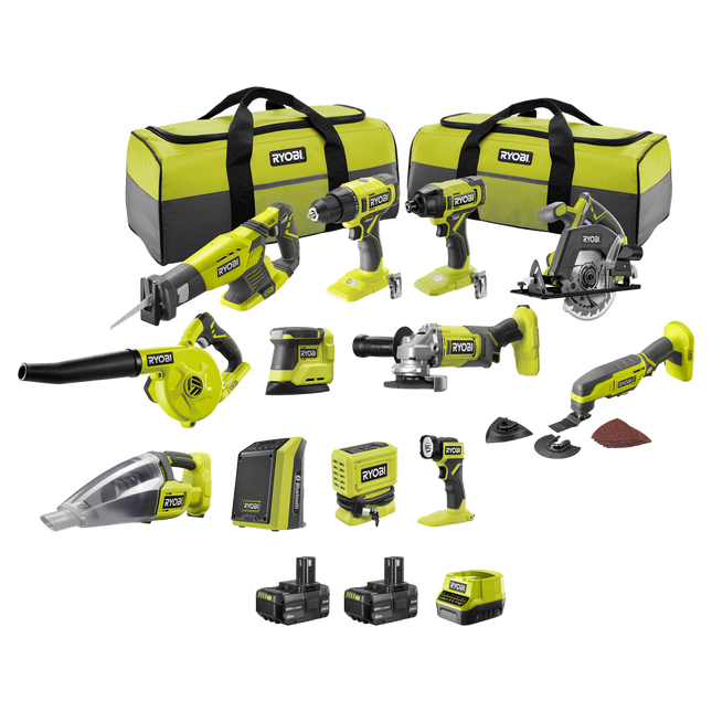 Packshot of Ryobi 18V ONE+ 12 Piece Kit with 4Ah Batteries for DIY Projects