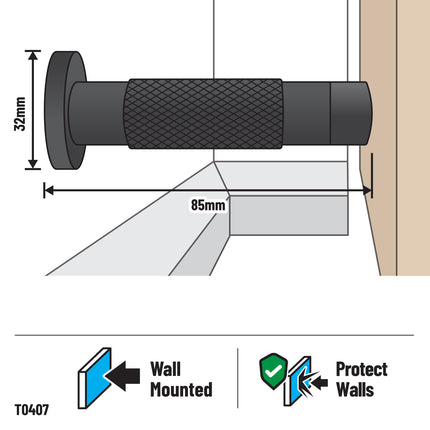 Adoored Monument 85mm knurled black door stop with soft rubber tip (2)