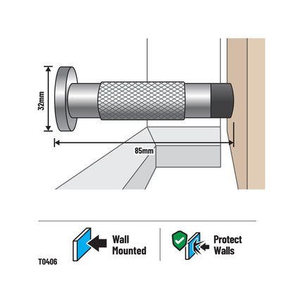 Adoored 85mm satin chrome knurled Monument door stop with rubber tip (2)