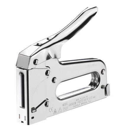 Arrow T50 Heavy Duty Staple Gun with chrome steel body and black handle grip