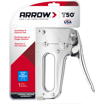 Arrow T50 Heavy Duty Staple Gun with chrome steel body and black handle grip (3)