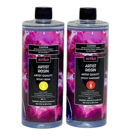 Artko Artists Epoxy Resin 1 Litre Kit with resin and hardener bottles and silicone accessories