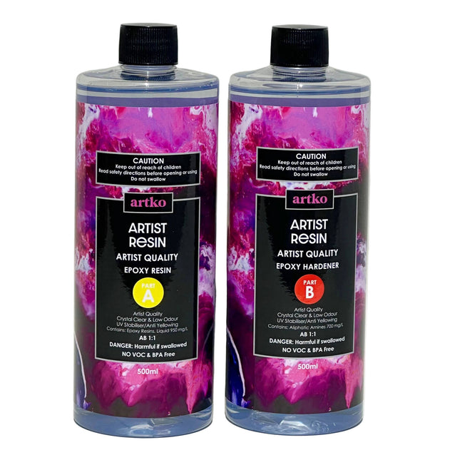 Artko Artists Epoxy Resin 1 Litre Kit with resin and hardener bottles and silicone accessories