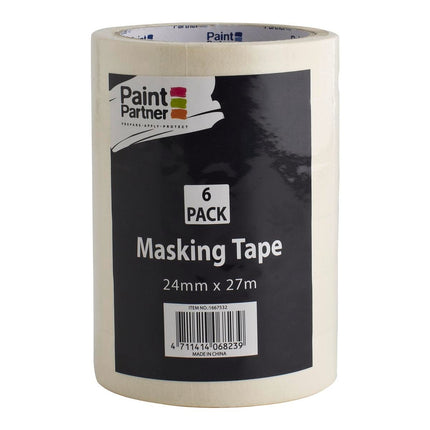 Packshot of Paint Partner Thick Masking Tape for Crisp Paint Lines 24mm x 27m 6 Pack