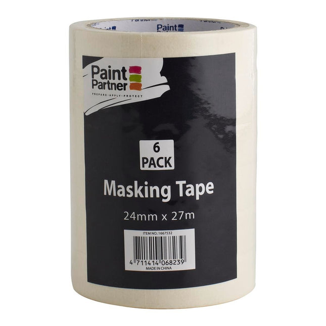 Packshot of Paint Partner Thick Masking Tape for Crisp Paint Lines 24mm x 27m 6 Pack