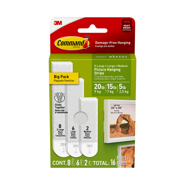 Packshot of Command White Picture Hanging Strips Mixed 16 Pairs