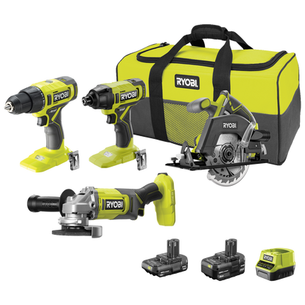 Packshot of Ryobi 18V ONE+ 4 Piece Cordless Tool Kit with Batteries