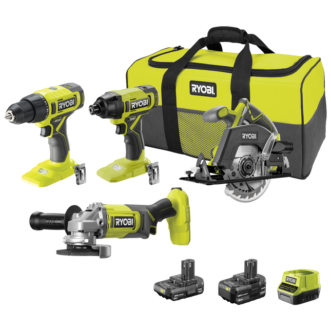 Packshot of Ryobi 18V ONE+ 4 Piece Cordless Tool Kit with Batteries