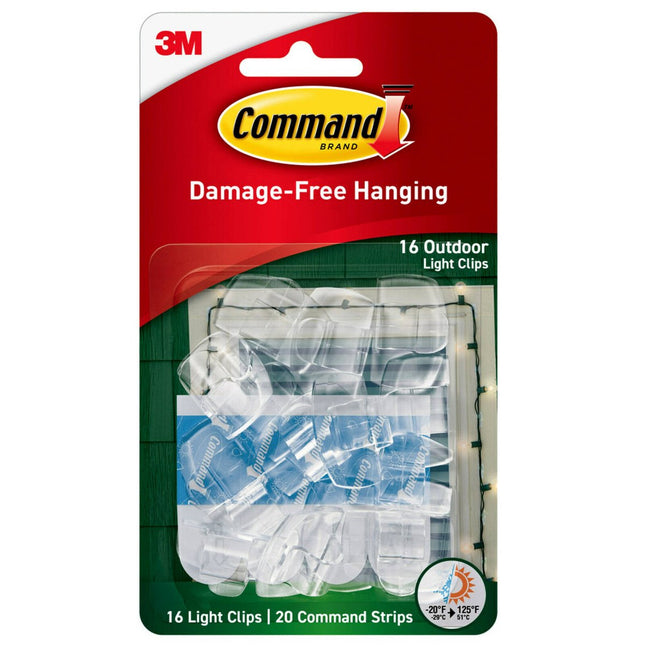 Packshot of Command Outdoor Light Clips Clear 16 Clips + 20 Strips