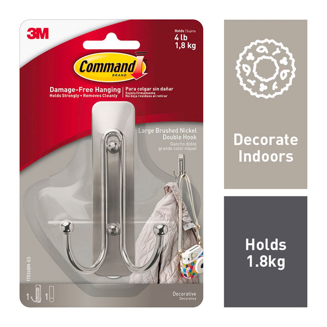 Command Brushed Nickel Large Double Wall Hook 1 Pack (2)