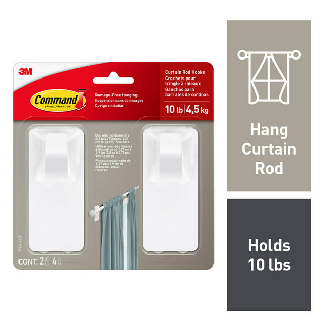 Command Curtain Rod Hooks White 17654-2ESF Curtain Rail Holders (2)