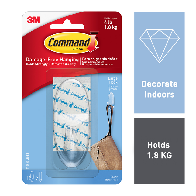 Command Large Clear Adhesive Wall Hook 1 Pack (2)