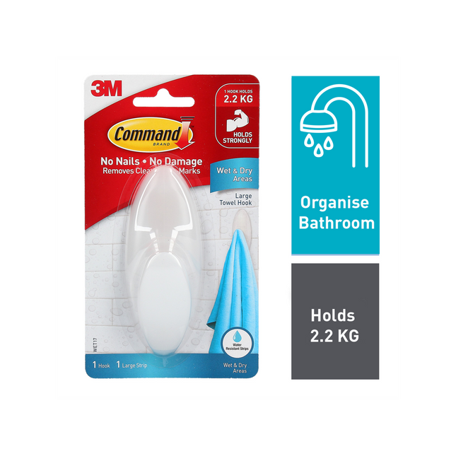 Command Large White Wet Area Towel Hook 1 Pack (2)