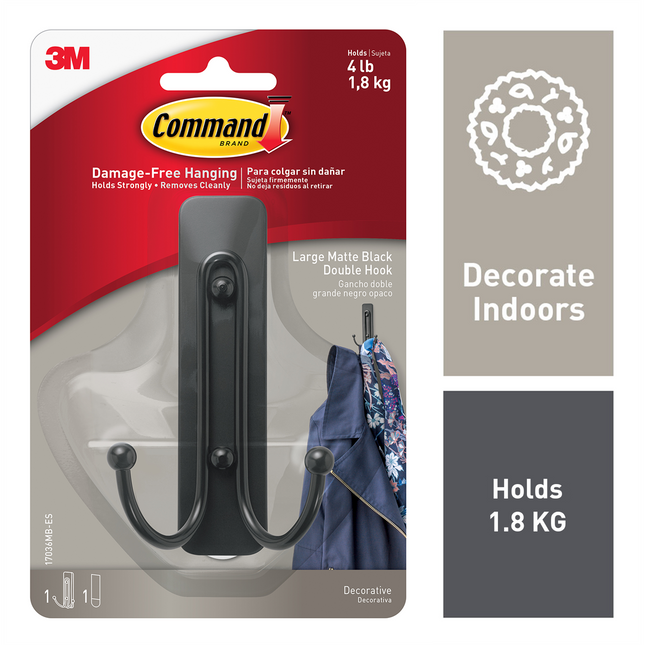 Command Matte Black Large Double Hook 1 Pack (2)