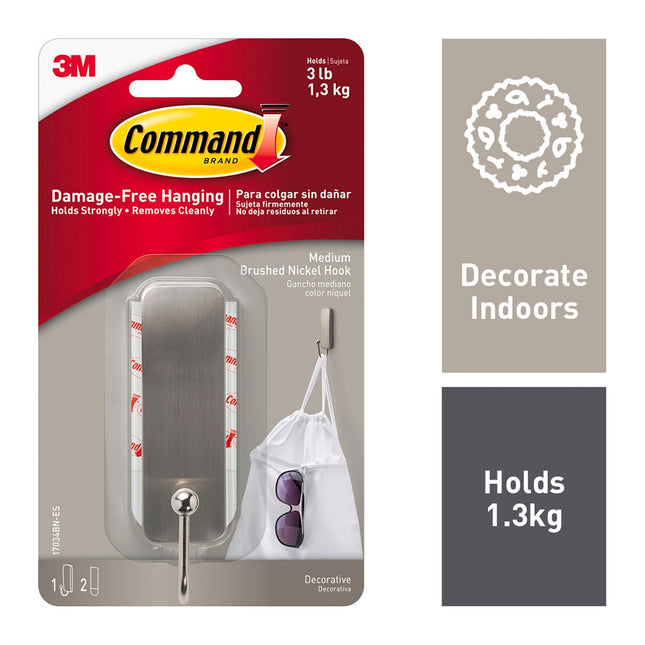 Command Medium Brushed Nickel Hook 1 Pack (2)