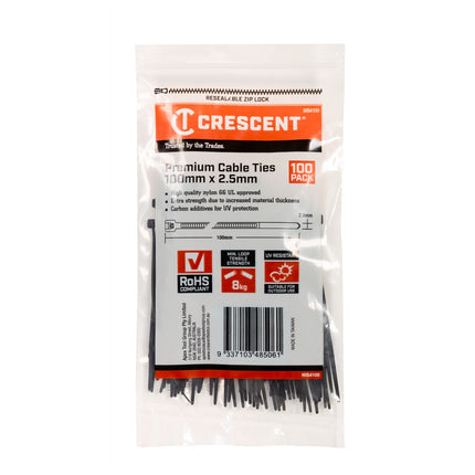 Crescent Black Cable Ties 100mm x 2.5mm 100 pack in resealable bag