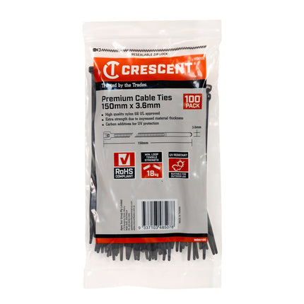 Crescent black nylon cable ties 150mm x 3.6mm, 100 pack in resealable bag